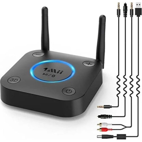 1Mii liela diapazona Bluetooth uztvērējs, HiFi bezvadu audio adapteris, aptX zema latentuma Bluetooth 5.0 uztvērējs ar 3D telpisko skaņu stereo sistēmas skaļruņiem, optiskais koaksiālais 3,5 mm RCA AUX