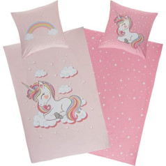 Aminata Kids Unicorn gultas veļa 135 x 200 cm, 80 x 80 cm, meiteņu kokvilnas rozā ar YKK rāvējslēdzēju, grozāms bērnu gultas veļas komplekts, varavīksne, roze, vienradža motīvs, zirgi