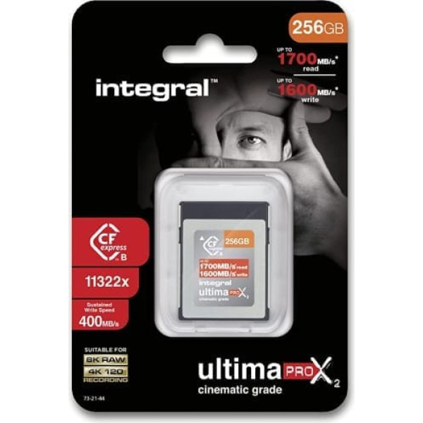 Integrēta 256 GB CFexpress atmiņas karte B tipa 2.0 8K RAW un 4K 120 FPS 1700 MB/s lasīšanas 1600 MB/s rakstīšanas ātrums. Paredzēts kamerām un profesionāliem fotogrāfiem
