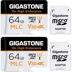 Gigastone MLC 10x augstas izturības 64 GB MicroSDXC atmiņas karte 2 pakotnēs un SD adapteris, līdz 100/65 MB/s, ideāli piemērots 4K video ierakstīšanai, saderīgs ar Dashcam novērošanas kameru, UHS-I U3 V30 10. klase