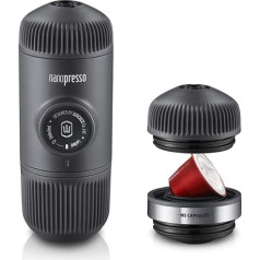 Wacaco Nanopresso portatīvais espresso automāts ar NS adapteri, atjaunināta Minipresso versija, mazs ceļojumu kafijas automāts, 18 bāru spiediens, manuāli darbināms, lieliski piemērots kempingiem, ceļojumiem un piedzīvojumiem