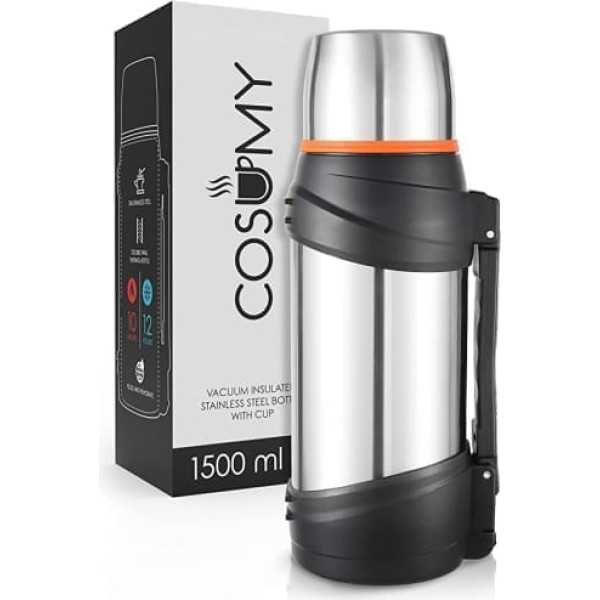 Cosumy Termoss 1,5 l ar krūzīti lietošanai ceļā — necaurlaidīgs — izturīgs rokturis un pārnēsāšanas siksna — kafijai un tējai