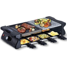 CUSIMAX Raclette grils 8 personām, akmens plāksne un grila plāksne, nepiedegošs pārklājums, raclette 8 personas ar nelielu siera pannu iekštelpu grilētiem ēdieniem, nepārtraukti regulējama temperatūra, 1200 W, melna