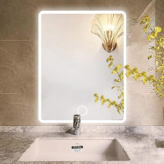 Einemgeld Bathroom Mirror, 50 x 70 cm, LED Bathroom Mirror with Lighting, Touch Switch, 3 Colour Temperatures, Dimmable, Anti-Fog, Wall Mirror Bathroom, IP44