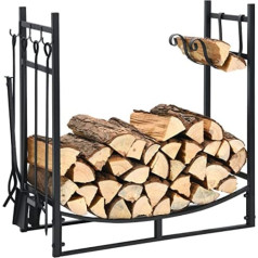 COSTWAY malkas plaukts ar 4 daļām kamīna galda piederumu komplektu Malkas plaukts Metāla malkas statīvs Kamīna piederumi Malkas plaukts Kamīna komplekts Melns (76 x 33 x 76 cm)