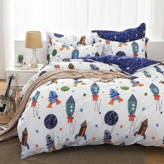 Qucover Bērnu gultas veļa 135 x 200 cm Kokvilnas Bērnu gultas veļa Zēnu Segas pārvalks ar rāvējslēdzēju Apgriežams dizains Balts Blue Rocket Stars Planets raksts ar spilvendrānu 80 x 80 cm