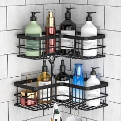 Yazoni Corner Shower Caddy 2 pack bez urbšanas dušas organizatora stūra plaukts vannas istabas vannai Nerūsējošā tērauda dušas kabīnes stūra plaukts ar 8 āķiem un 6 līmvielām (melns)