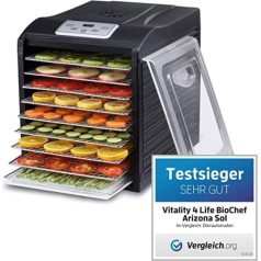 BioChef Arizona Sol dehidratators ar 9 nerūsējošā tērauda spraugām PLUS digitālo taimeri + termostatu, 3 x nepiedegošas plēves, 2 x smalkas sieta ieliktņa paklājiņus, 1 x savākšanas paplāti (melns)