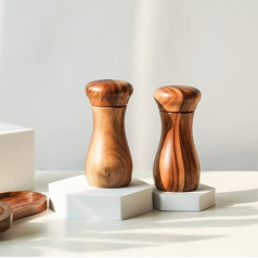 DeroTeno sāls un piparu dzirnaviņu komplekts ar dzirnaviņu bļodu, 2 sāls un piparu dzirnaviņu komplekts ar keramikas dzirnaviņām, akācijas koks, augstums 13 cm, diametrs 6 cm