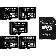 Gigastone 16GB MicroSDHC Memory Card 5 Pack + SD Adapter for Action Camera, GoPro, Drone and Tablet, Read Speed up to 85MB/s, Full HD Video Recording, Micro SD Card UHS-I Class 10 U1