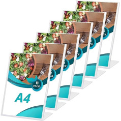 Kurtzy Pack of 6 x A4 Transparent Acrylic Stand A4 - Slanted Brochure Stand A4 - Plastic Stand for Menu & Office - Advertising Stand, Brochure Holder A4 & Picture Frame A4, transparent