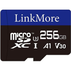 LinkMore 256 GB Micro SDXC karte A1 UHS-I U3 V30 10. klase, saderīgs lasīšanas ātrums līdz 100 MB/s Rakstīšanas ātrums līdz 75 MB/s Iekļauts SD adapteris