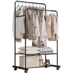 Isyunen Clothes Stand on Wheels with 2 Clothes Rails, 2 Shelves for Boxes (Black)