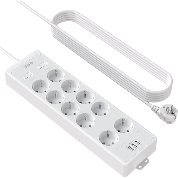 Ntonpower Multiple Socket Surge Protection Power Strip Wall Mounted with Individually Switchable, NTONPOWER 10-Way Safe Sockets with 3 m Extension Cable and USB Ports, Screw-On White, Multi-Way