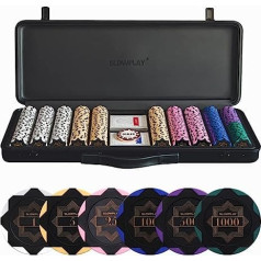 SLOWPLAY Nash pokera komplekts ar 500 numurētiem pokera žetoniem Profesionāli pokera žetoni, kas izgatavoti no māla 14 g Ietver lielu pokera futrāļu augstas kvalitātes plastmasas pokera karšu izplatītāja poga
