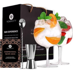 Džina glāžu komplekts džina cienītājiem — 2 ar rokām darinātas džina tonika glāzes (700 ml) un bezmaksas receptes e-grāmatas komplekts, sudraba stieņa karote, dubultspirta mērglāze un liela džina tonika glāze.
