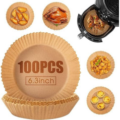 Baking Paper for Hot Air Fryer, Uten Airfryer Parchment Paper Liner in Round, Oil-Proof, Waterproof, Non-Stick, Disposable for Air Fryer, Oven, Frying Pan etc., 100 Pieces 16 cm / 6.3 Inches