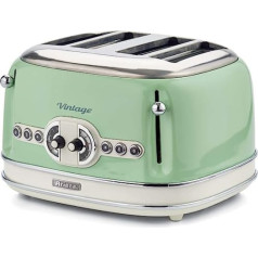 Ariete Vintage 156, 4 šķēlumu tosteris, retro tosteris ar 6 grauzdēšanas līmeņiem, automātiska izgrūšana, atkausēšanas funkcija, noņemams drupu nodalījums, nerūsējošā tērauda korpuss, 1600 W, zaļš