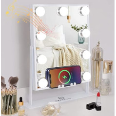 FENCHILIN Hollywood Mirror grima spogulis ar apgaismojumu 9 dimmer lampas Bezvadu uzlādes funkcija Bluetooth tilpuma kalkulators grima spogulis ar gaišu kosmētisko spoguli Galda spogulis Guļamistabas balts 25 x 30 cm