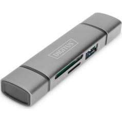 Digitus 3-portu usb karšu lasītājs, tips c / usb 3.0 superspeed sd micro sd hq alumīnija pelēks