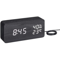 Navaris Design LED Digital Alarm Clock in Wood Look with Temperature Display Hygrometer Date Display 3 Alarm Times Digital Alarm Clock Black / White