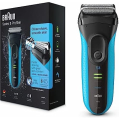 Braun Series 3 ProSkin 3040s elektriskais skuveklis ar precīzu trimmeri, uzlādējams un bezvadu slapja un sausa skuveklis vīriešiem, melns/zils