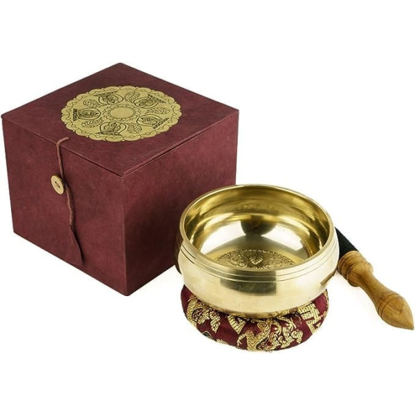 Klangschalen-Center Singing Bowl with Dhyani Buddha Relief in Beautiful Gift Box Made from Sustainable Natural Paper I Includes Clapper / Ring I Fair Trade from Nepal I Handmade