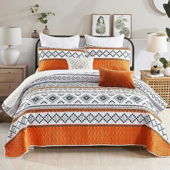 Wongs Bedding Orange Bedspread 220 x 240 cm Boho Bed Throw for Bed Microfibre Blanket with 2 x Pillowcases 50 x 70 cm Striped Geometry Sofa Throw Comfort and Soft Quilt