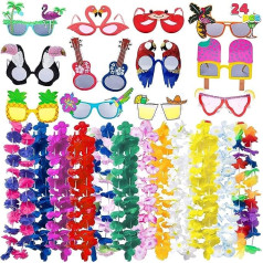 Pack of 12 Luau Party Glasses and 12 Hawaiian Linen Flower Linen Garlands Novelty Sunglasses Tropical Birthday Summer Beach Party Decoration Supplies