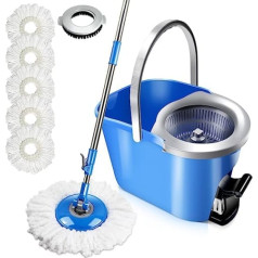 Midyb mopu komplekts ar spaini, 8 L tīrīšanas spainis ar mopu un kājas pedāli, grīdas mopu komplekts un 128 cm teleskopiskais rokturis, mopu komplekts ar 5 mopu galviņām un 1 birstes galvu cietkoksnes lamināta flīzēm