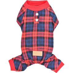 Parisian Pet Dog Pajamas - Cat/Dog Plaid Jumpsuit, Size S, Scottish Red Checked Shirt, Ideal Everyday Outfit for Male Dogs and Cats