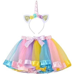 Hifot Unicorn Costume Princess Set of 2, Rainbow Tutu Skirt Girls Costume Tulle Skirt, Unicorn Headband for Girls for Unicorn Cosplay Children's Birthday Carnival