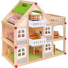 SirWood 40892 Wooden House with 2 Levels 55 cm High - 12 Wooden Furniture Including Globo Toy