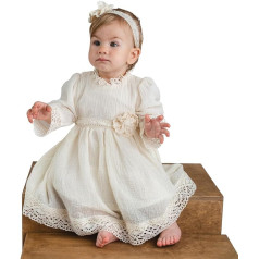 Aidalux Long sleeve christening dress for baby girls, with lace insert, made from soft muslin made from 100% organic cotton