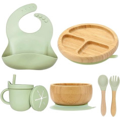 Baby Crockery Set Bamboo Children's Plate & Bowl & Silicone Spoon & Bib Water Cup Baby Food Set BPA Free