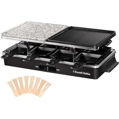 Russell Hobbs Raclette Grill for 8 People [Includes 8 Pans & Wooden Spatula, 2 Table Grill Plates] Multi-Grill (Natural Stone with Juice Groove & Non-Stick Reversible Plate Ribbed / Teppanyaki)