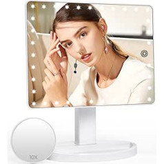 FUNTOUCH Large Makeup Mirror with 35 LED Lights, 1X/10X Magnifying Mirror, Touch Screen Switch, Dual Power Supply Mirror, Dimmable Cosmetic Mirror with Lighting, 360° Rotating Table Mirror (White)