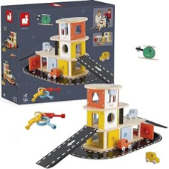Janod - Bolid car park made of solid wood - 3 cars and 1 helicopter - key box function - imagination and fine motor skills - FSC certified - watercolour - from 2 years, J04636