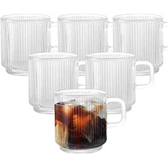 MSYU Set of 6 Ribbed Glassware Drinking Glasses, 350 ml Clear Crystal Glasses Set with Handle, Origami Style Crystal Glasses, Ribbed Glassware for Whiskey, Coocktail, Juice, Coffee