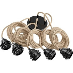 Hoopzi - Pendant Light 5 Flamming - 3.5 m Textile Cable Rope and Black - 5 x E27 Socket - Vintage, Industrial for Dining Table, Living Room, Dining Room, Bedroom, Kitchen