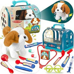 TEUVO Dog Toy Children Girls Interactive Electric Dog Running & Barking Pack of 15 Plush Toy Pet Toy Cuddly Toy Dog Veterinarian Stethoscope Toy Gifts for Children 2-8 Years