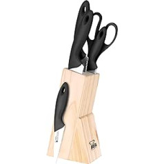 RB Renberg Dresde - 6 Messerset - Edelstahl - Cuchi -Koch 18 cm - Brotmesser 20 cm - Mehrzweck -Cuchi 12,5 cm - Peeling Cuchi 8,75 cm - Schere - Schwarzgriff - Holzblock