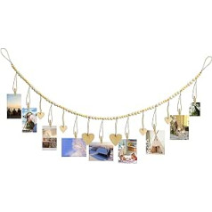 Wandbehang Fotodisplay mit Holzperlen Girlande, Boho Collage Bilderrahmen Dekor, DIY Fotorahmen Set mit Holzklammern und Herzen für rustikales Landhaus, Schlafzimmer, Büro, Babyzimmer, Wohnheim Dekor
