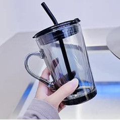 Sucolsenr Straw Glass Water Cup with Handle and Lid 16 oz for Water, Iced Coffee, Milk, Tea, Juice (Grey)