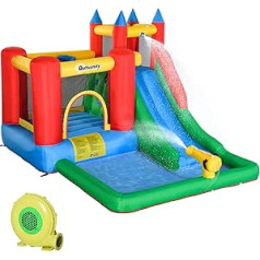 Outsunny Inflatable Bouncy Castle with Slide Water Cannon for 4 Children with Fan for 3-12 Years, Nursery, Oxford Polyester Fabric Multicoloured, 350 x 270 x 215 cm
