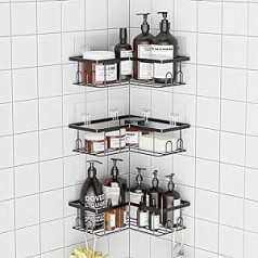UUlioyer Shower Shelf No Drilling 3 Pieces Shower Shelf Corner Black Self-Adhesive Corner Shelf Bathroom Shower Basket with 12 Hooks Shampoo Holder for Shower