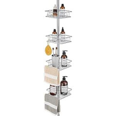 HOUHA Telescopic Shower Shelf No Drilling - Metal Corner Shelf with 4 Baskets Practical Telescopic Shelf for Bathroom with Corner Shower Shelf Silver