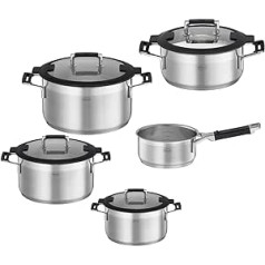 RÖSLE Silence Pro 5-Piece Universal Pot Set with 3 Cooking Pots, 1 Stewing Pot and 1 Saucepan, 18/10 Stainless Steel, Glass Lid, Inner Scale, Induction and Dishwasher Safe