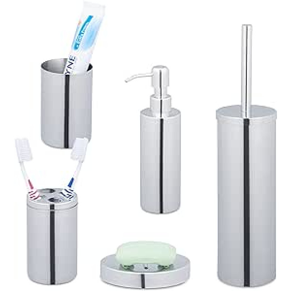 Relaxdays Bathroom Set 5 Piece Bathroom Accessories Polished Stainless Steel Complete Bathroom Fittings Modern Silver