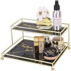 Simmer Stone Makeup Organizer Rack, 2-Tier Storage Rack with Glass Shelf for Cosmetic Products, Metal Tube for Bathroom, Countertop, Dresser and More, Medium Size
